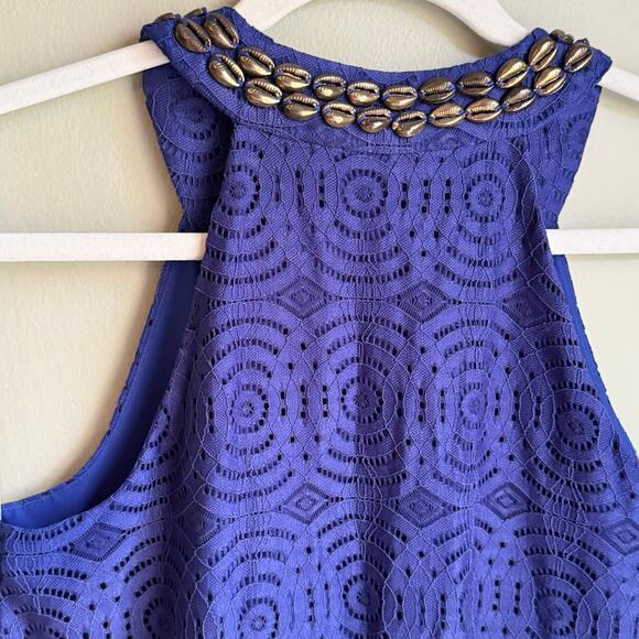 Lilly Pulitzer Achelle Dress In True Blue Mystical Knotty Lace Brass Sea Shells - Picture 9 of 9